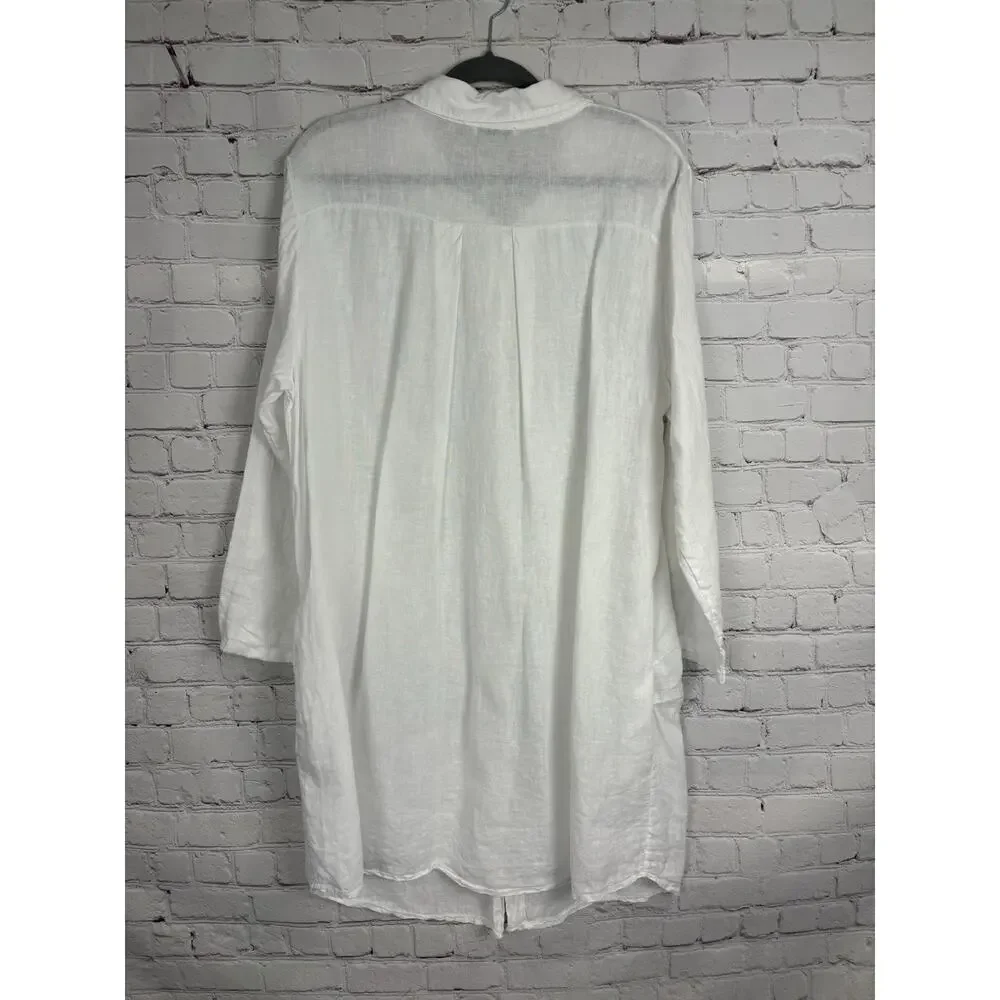 Meo Meli 100% Linen Shirt Dress Button Front Lagenlook White ONE SIZE Italy Made - Picture 2 of 8